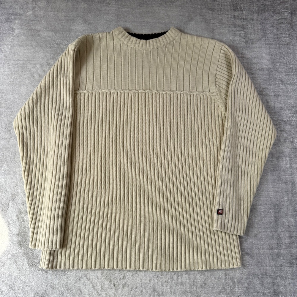 Point Zero Sweater Mens Large Beige Vtg Y2K Ribbed Knit Crewneck Long Sleeve